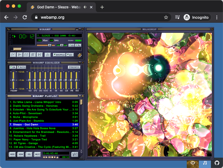 Webamp's music visualizer, Butterchurn