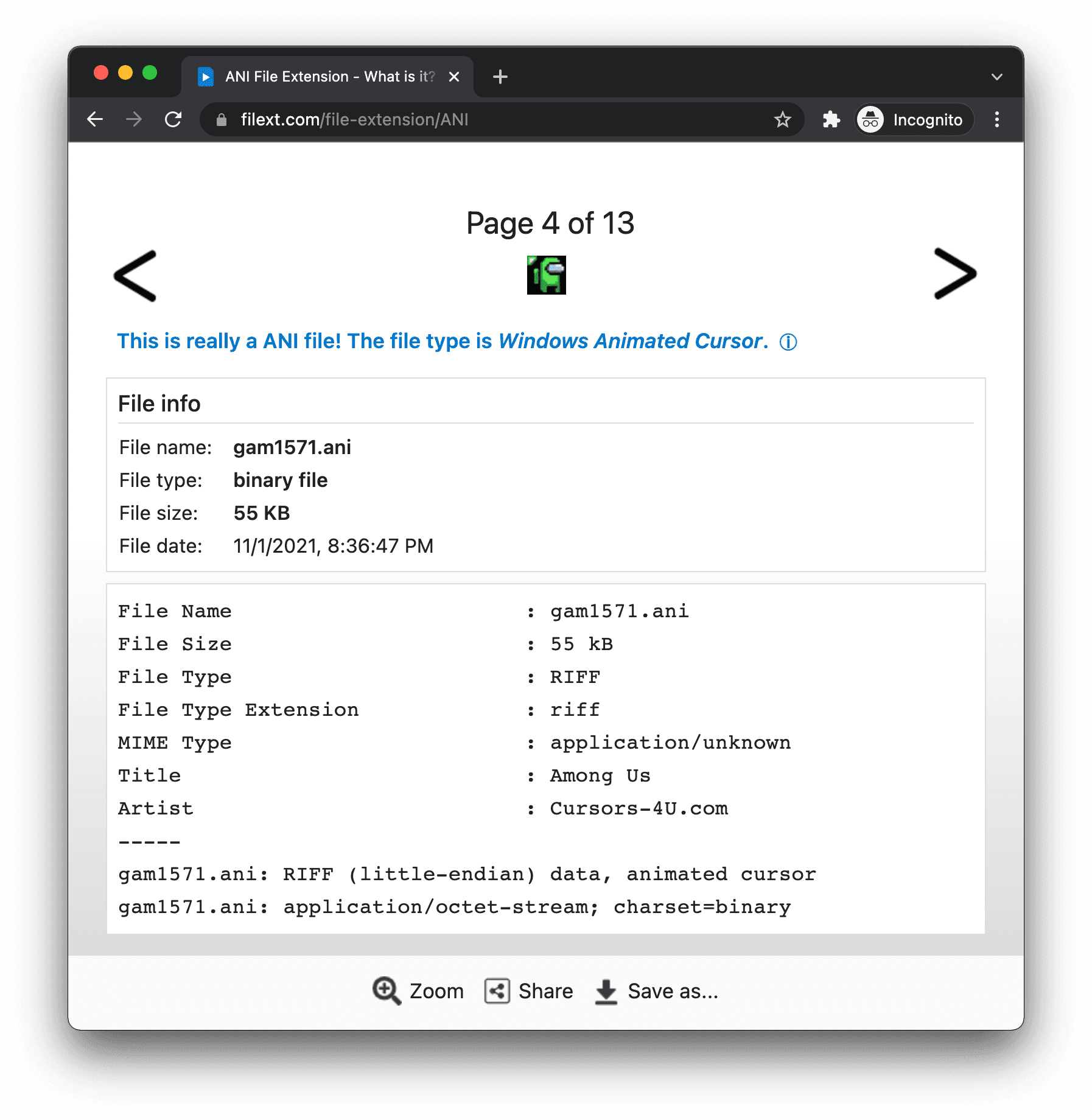 filext.com showing just one frame of an animated .ani file