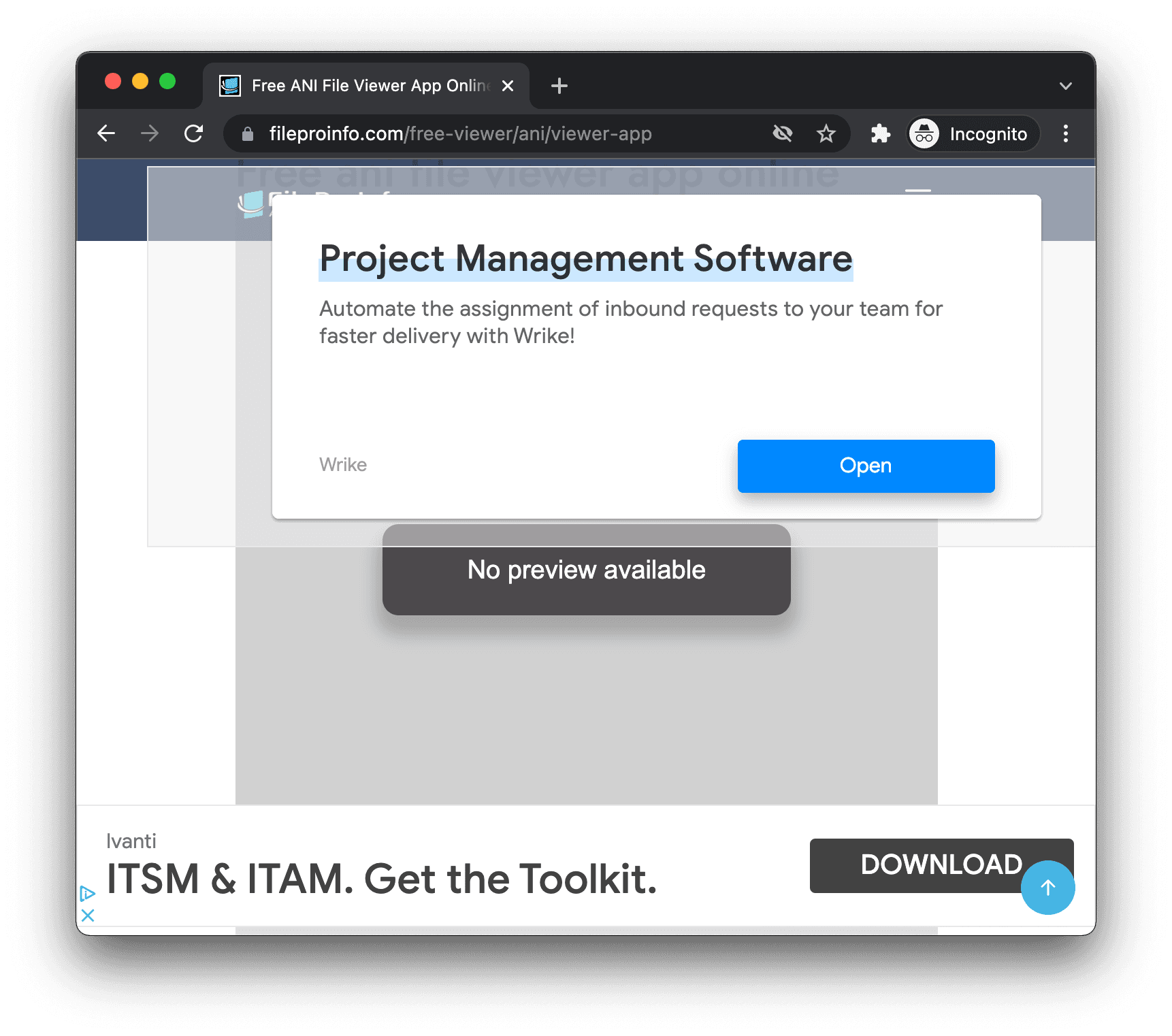 fileproinfo.com failing to show an .ani animated cursor. It's just the next "No preview avaliable" with two popups overlapping it