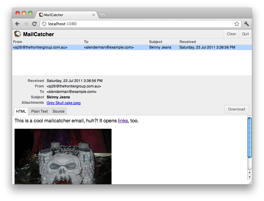 screenshot of MailCatcher