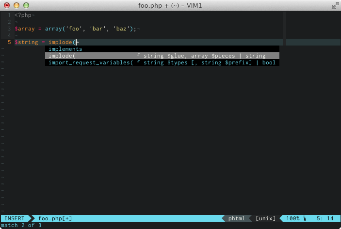 screenshot of php completion in vim